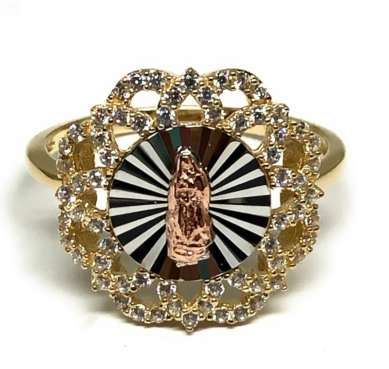 heart-shaped gold ring -10k Solid Gold Tri-Color Virrgin Mary CZ Ring (FC 18)