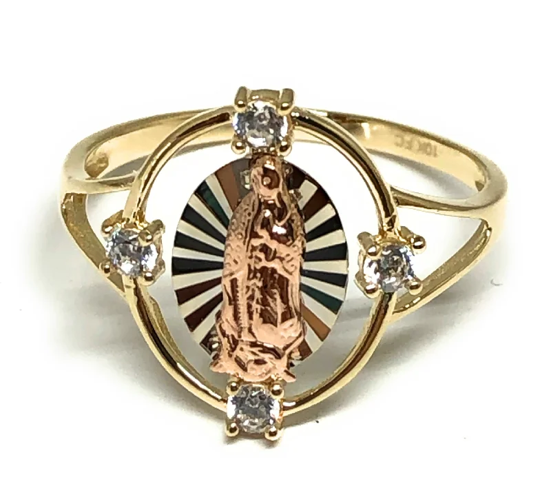 twisted rope ring for men -10k Solid Gold Tri-Color Virrgin Mary CZ Ring (FC 19)