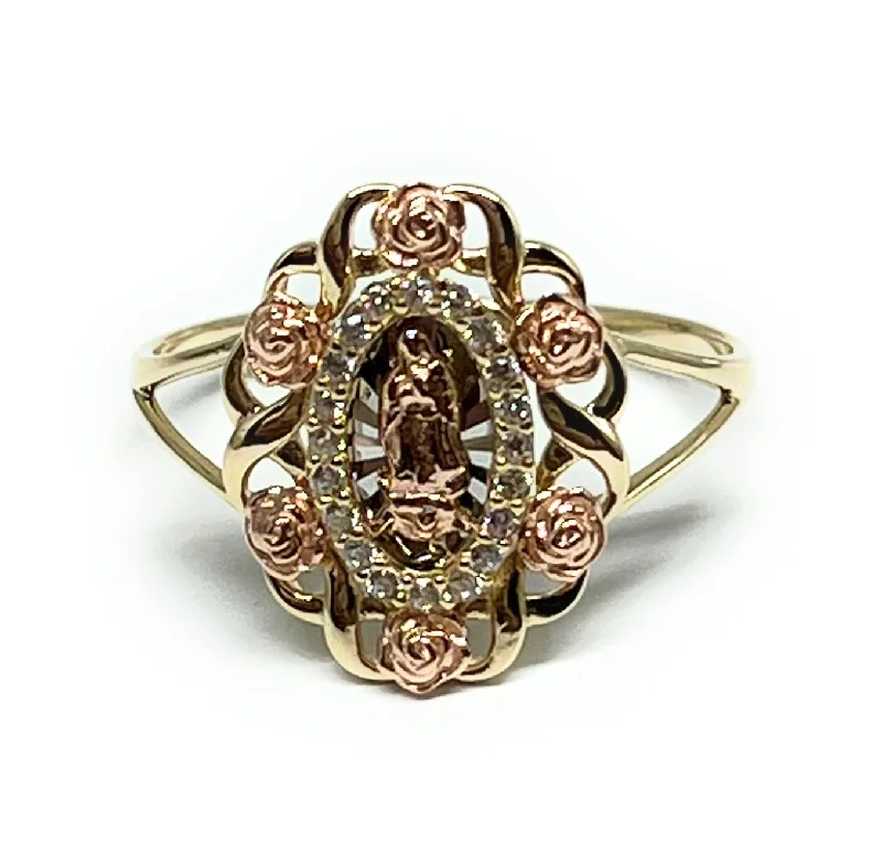 adjustable crystal quartz ring -10k Solid Gold Tri-Color Virrgin Mary Flower CZ Ring (FC 161)