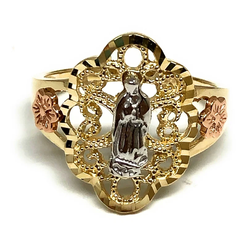 adjustable statement ring -10k Solid Gold Tri-Color Virrgin Mary Flower Ring (FC 16)