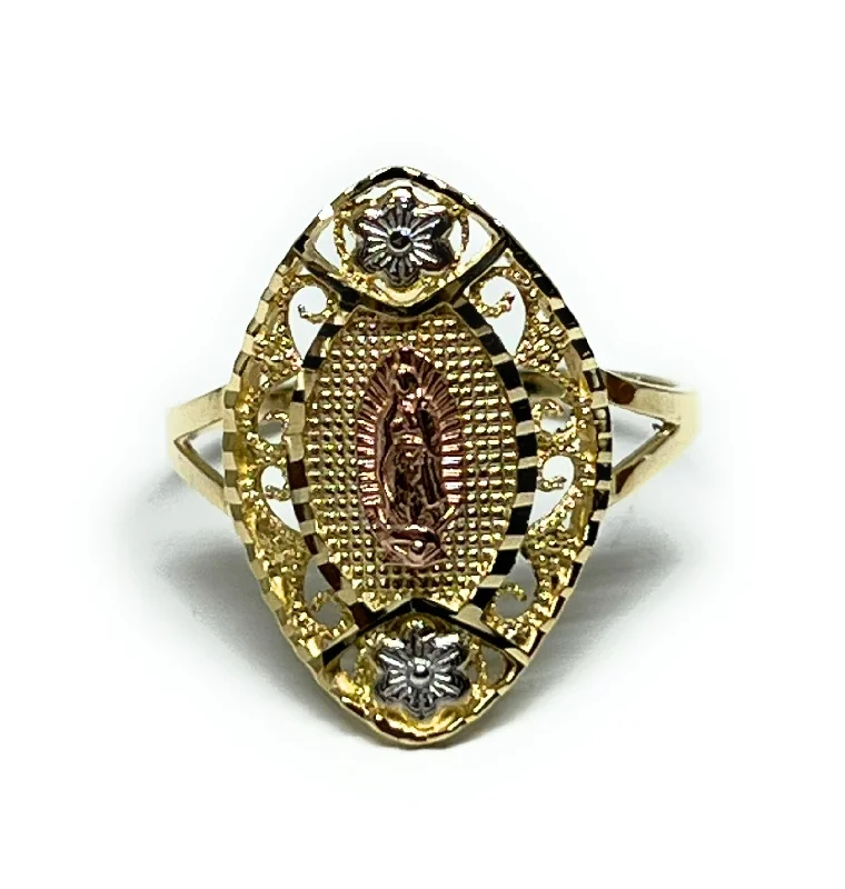 art deco style ring -10k Solid Gold Tri-Color Virrgin Mary Flower Ring (FC 247)