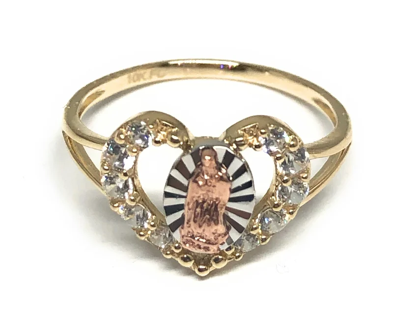 large statement gemstone ring -10k Solid Gold Tri-Color Virrgin Mary Heart CZ Ring (FC 26)