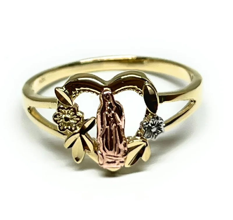 silver heart ring for women -10k Solid Gold Tri-Color Virrgin Mary HEART Flower Ring (FC 248)