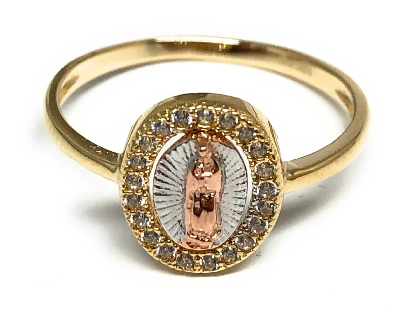 silver signet ring for men -10k Solid Gold Tri-Color Virrgin Mary Round CZ Ring (FC 02)