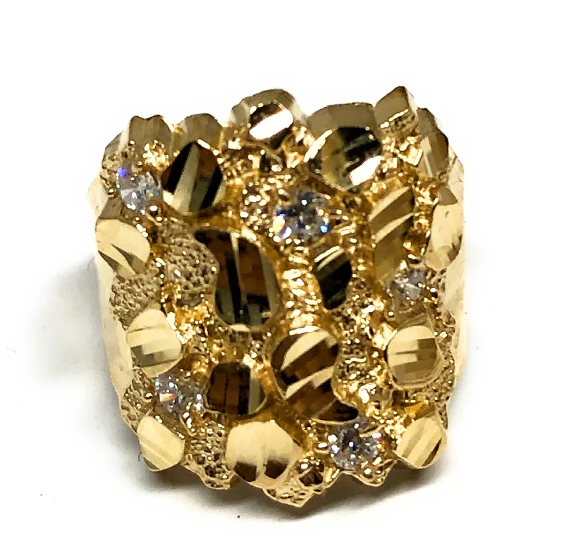 men’s braided ring -10k Solid Gold Yellow Classic BIG CZ Nugget Ring