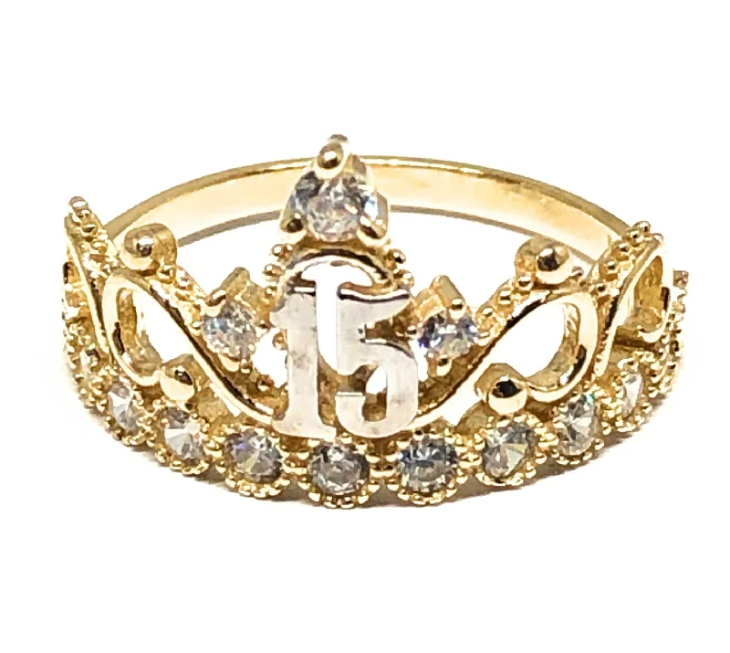 men’s braided ring -10k Solid Gold Yellow Crown CZ Mis 15 Años Ring