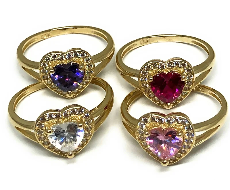 double band diamond ring -10k Solid Gold Yellow Gold Heart CZ Ring (PINK, PURPLE, RED, WHITE)