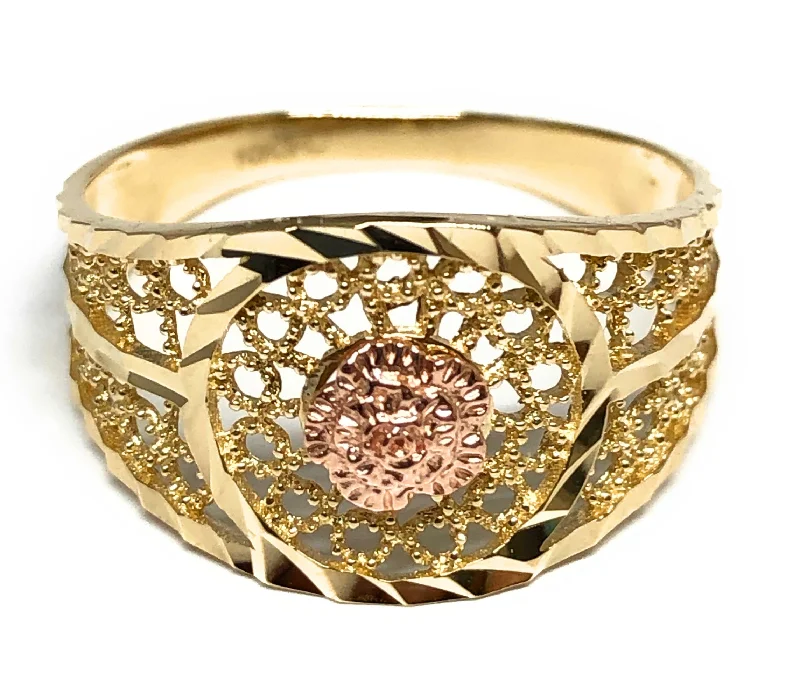 polished silver band ring -10k Solid Gold Yellow & Rose Gold Filigree Flower Ring (FC 34)