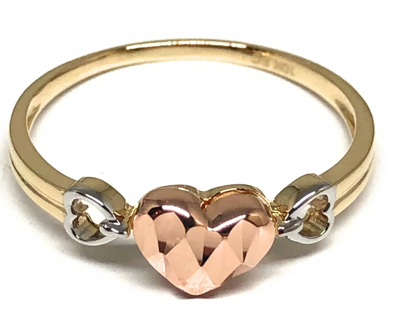 adjustable open ring for women -10k Solid Gold Tri-Color Gold Heart Ring (FC 67)