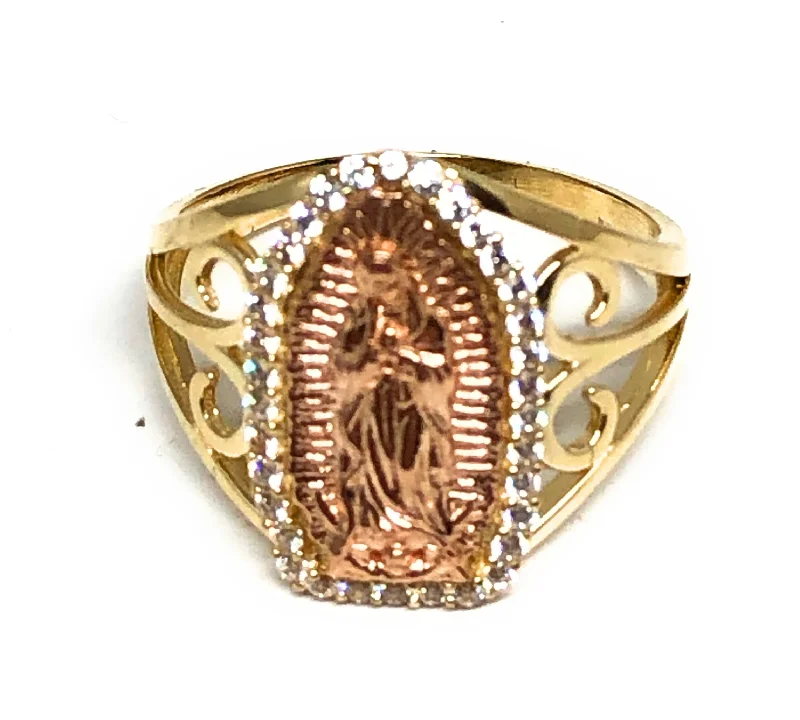 pearl and diamond ring -10k Solid Gold Yellow & Rose Gold Virrgin Mary CZ Ring