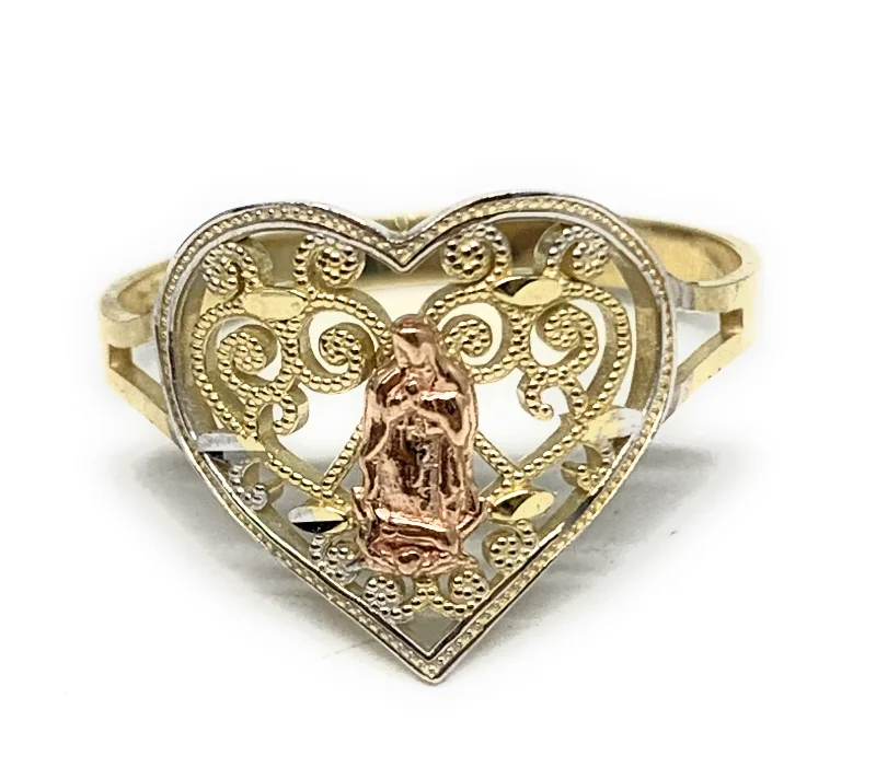 gold wedding ring for men -10k Solid Gold Yellow & Rose Virrgin Mary Filigran Heart Ring