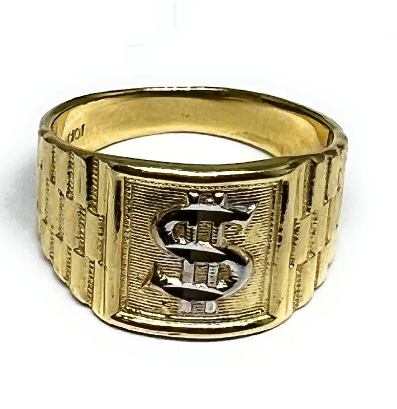 vintage style cocktail ring -10k Solid Gold Yellow & White Gold Dollar Sign Money Ring