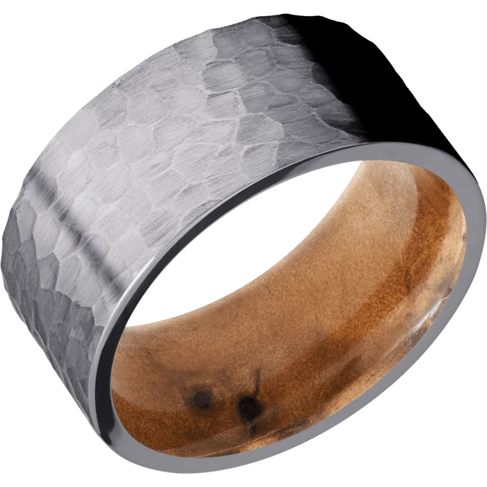 twisted band wedding ring -10mm wide Flat Tantalum Ring with Hammer Finish / Thuya Burl Sleeve