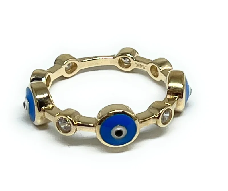 men’s stainless steel ring -14k Solid Gold Evil Eye Blue CZ Band Ring (FC 215)