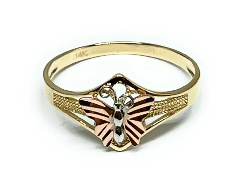 simple gold band ring -14k Solid Gold Tri-Color Butterfly Ring (FC 222)