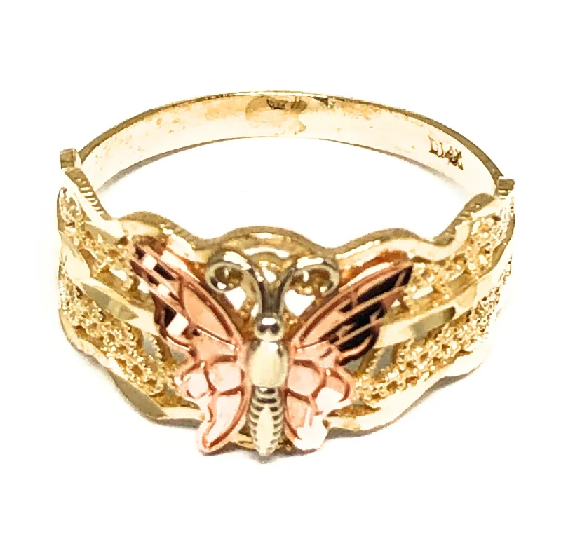 cubic zirconia wedding ring -14k Solid Gold Tri-Color Butterfly Ring (FC 175)