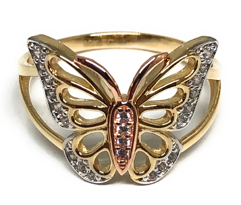 Celtic knot wedding ring -14k Solid Gold Tri-Color CZ Butterfly Ring (FC 199)