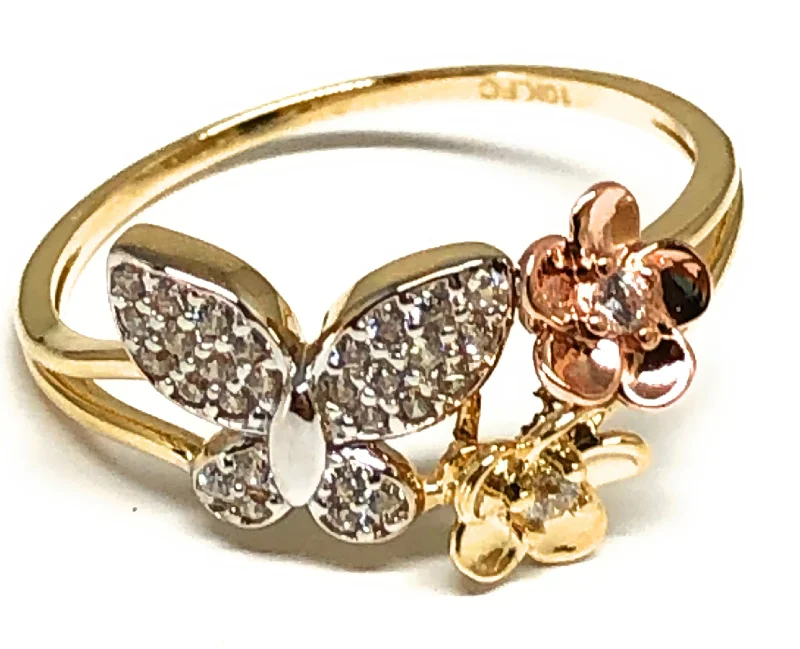 handmade gemstone ring -14k Solid Gold Tri-Color CZ Butterfly Ring (FC 200)