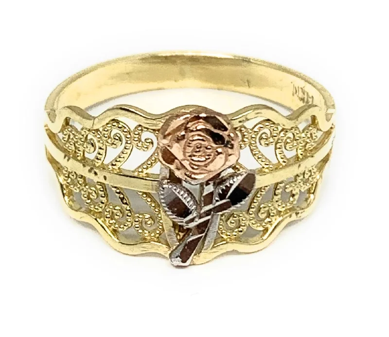 bohemian stackable rings -14k Solid Gold Tri-Color Filigran Flower Ring (FC 176)