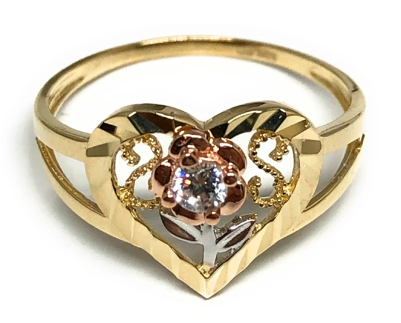 silver heart ring for women -14k Solid Gold Tri-Color Heart Flower CZ Ring (FC 198)