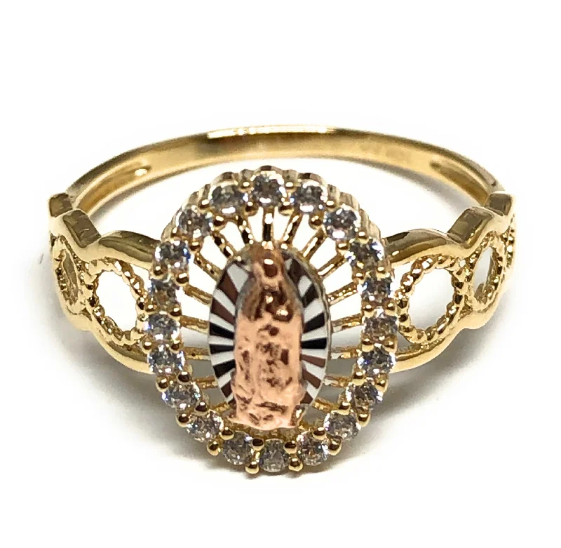 simple gold band ring -14k Solid Gold Tri-Color Virrgin Mary CZ Ring (FC 208)