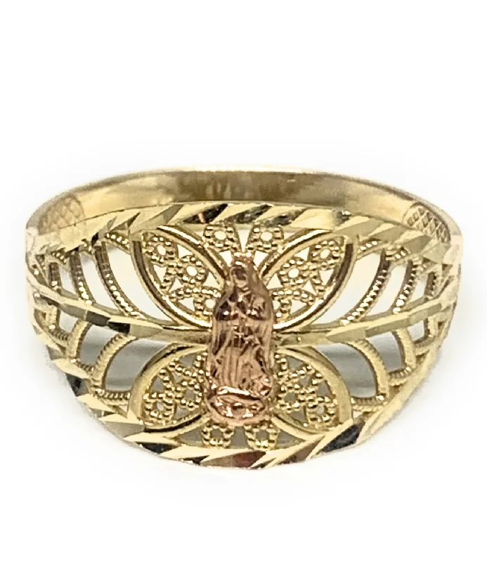 three-stone engagement ring -14k Solid Gold Yellow & Rose Gold Virrgin Mary Filigran Butterfly Ring (FC 178)