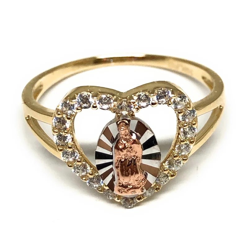 men’s skull ring -14k Solid Gold Tri-Color Virrgin Mary Heart CZ Ring (FC 209)