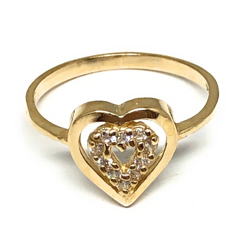 floral design diamond ring -14k Solid Gold Yellow CZ Double Heart Ring