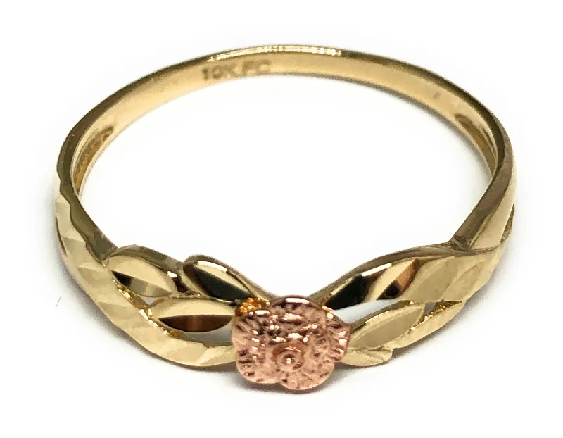 three-row diamond ring -14k Solid Gold Yellow & Rose Gold Flower Ring (FC 186)