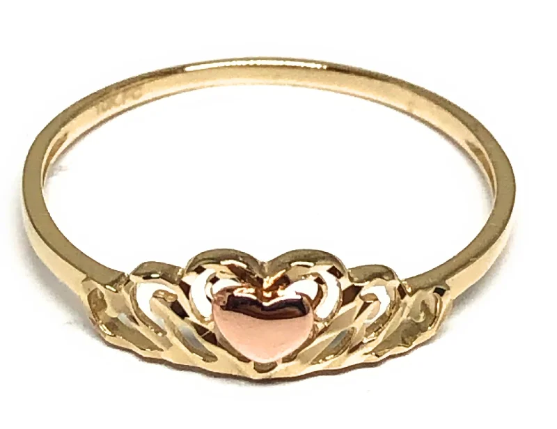 promise ring for girlfriend -14k Solid Gold Yellow & Rose Gold Heart Crown Dainty Ring (FC 203)