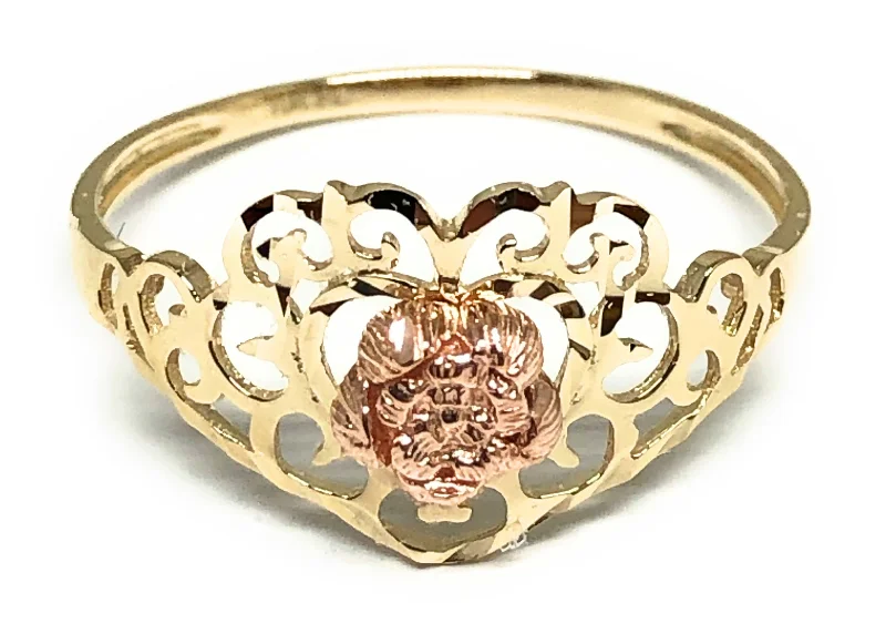 adjustable crystal ring -14k Solid Gold Yellow & Rose Gold Heart Flower Ring (FC 180)