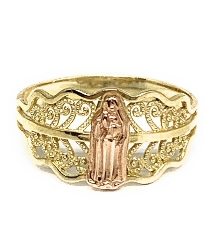 vintage-inspired gemstone ring -14k Solid Gold Yellow & Rose Gold Virrgin Mary Filigran Ring (FC 179)