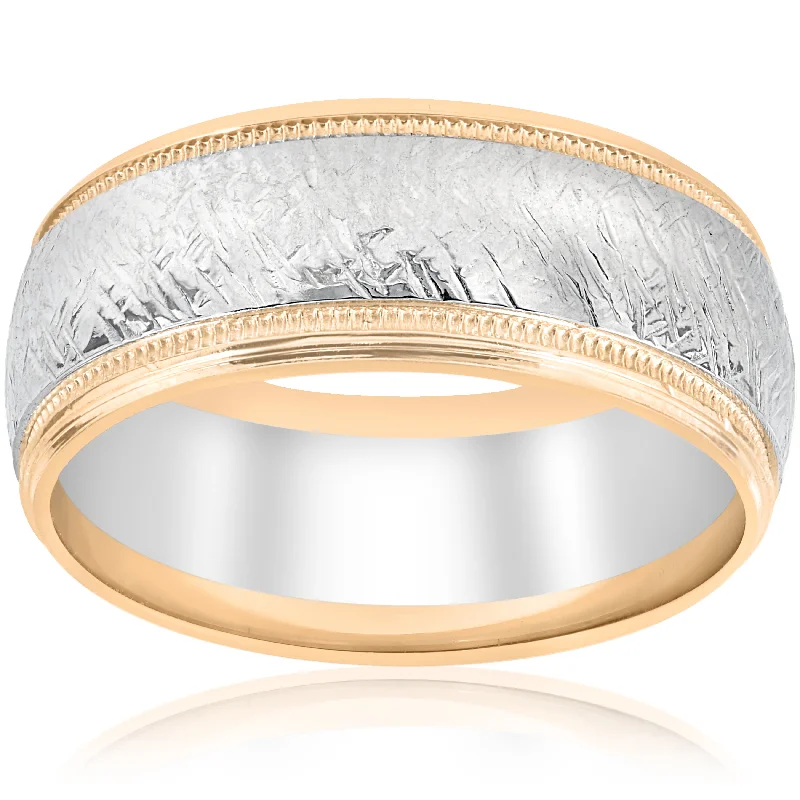 men’s gold signet ring -14k White & Yellow Gold Men's Comfort Wedding 8MM Two Tone Etched Two Tone Band