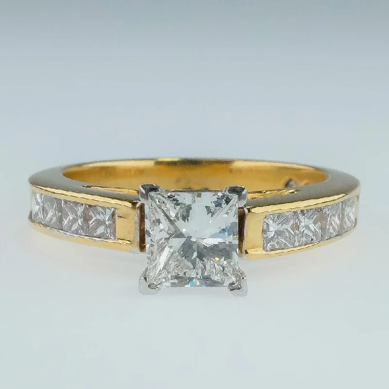 wide band silver ring -18K Yellow Gold GIA 1.00ct Princess Cut VS2/H Diamond Accented Engagement Ring