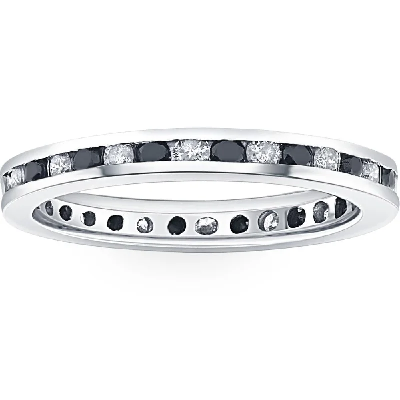 engraved family ring -1ct Black & White Diamond Eternity Ring 14K White Gold Band