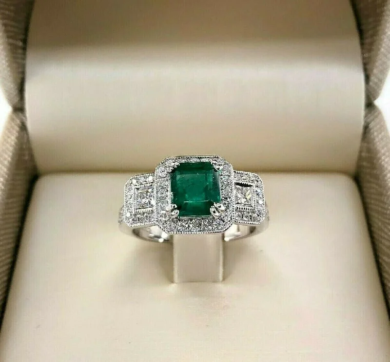 delicate dainty ring for women -2.09 Carats t.w. Diamond and Emerald Halo Wedding Ring Emerald is 1.44 Carats