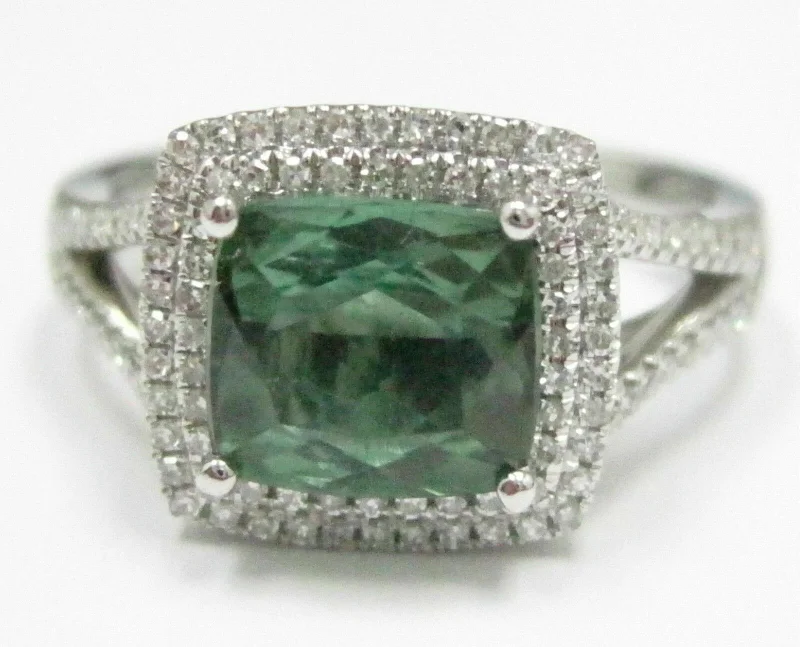 men’s stainless steel ring -2.11TCW Radiant Green Tourmaline & Diamond Ring 14k White Gold Size 6