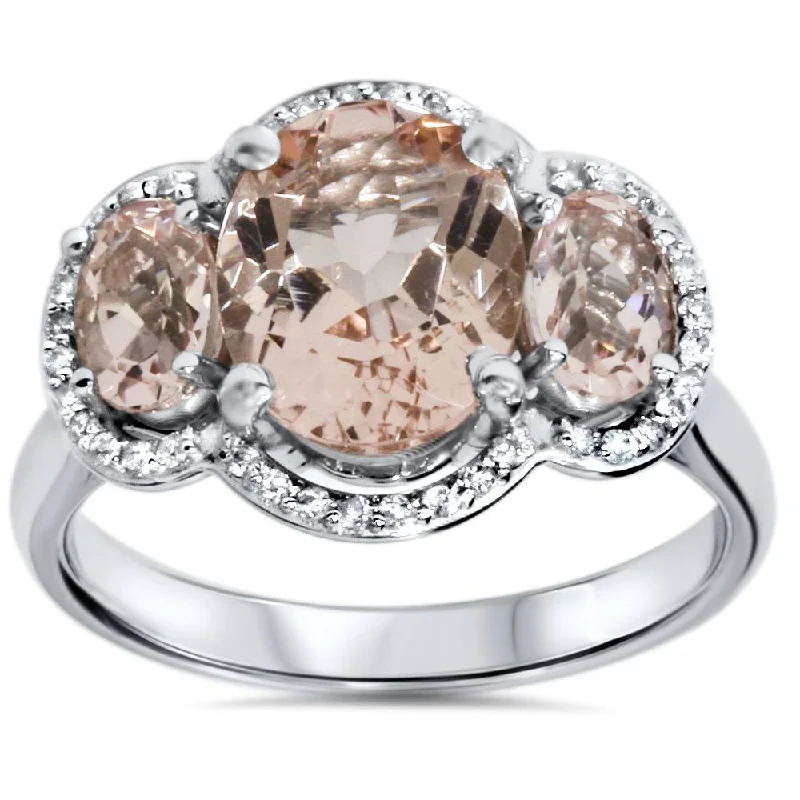 adjustable crystal ring -2 3/4ct 3 Stone Oval Morganite & Diamond Halo Ring 14K White Gold