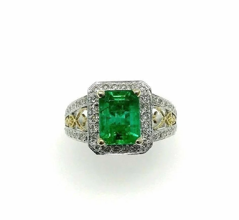 floral design diamond ring -3.19 Carats t.w. Diamond and Emerald Halo Ring Emerald is 2.40 Carats 18K 2Tone