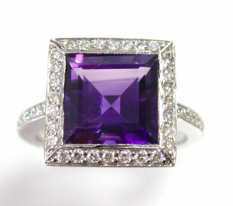 vintage style cocktail ring -3.45TCW Natural Princes Cut Amethyst with Diamond Accents Solitaire Ring 14 W/G