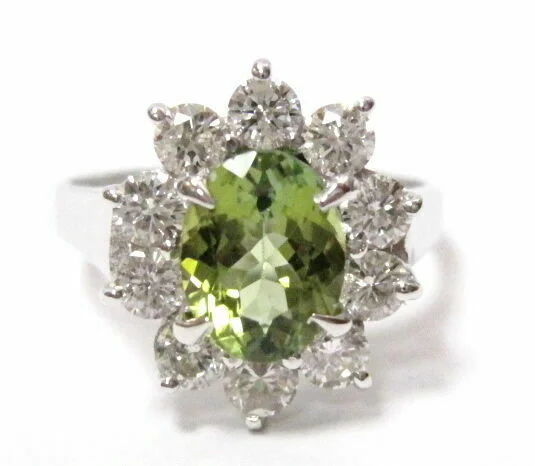 minimalist knot ring -3.71 TCW Oval Green Tourmaline & Diamond Flower Ring Size 6.5 18k White Gold