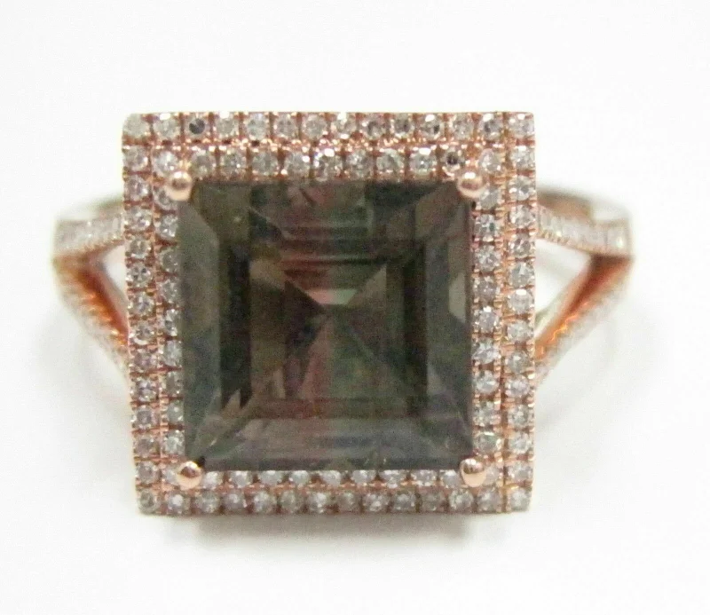 pearl accent ring -3.80 TCW Square Smoked Green Tourmaline & Diamond Ring 14k Rose Gold Size 6.5