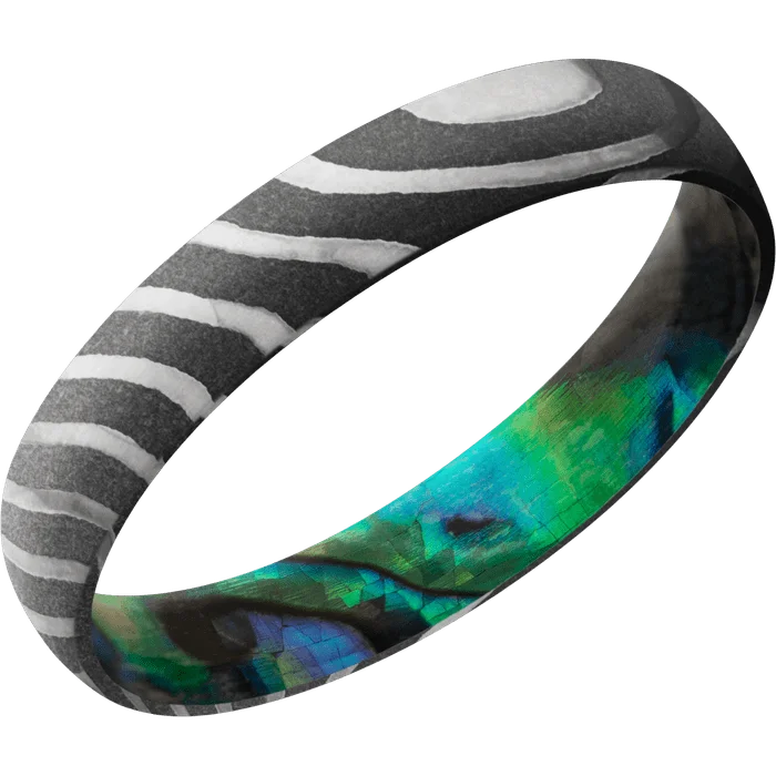 gemstone eternity ring -4mm wide Domed Tiger Damascus Steel Ring with Acid Damascus Finish / Abalone Sleeve