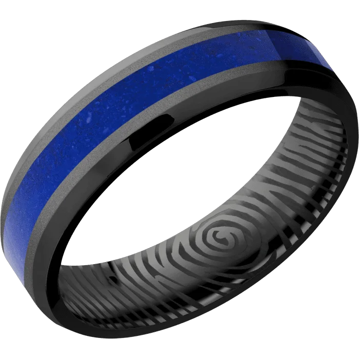 minimalist knot ring -6mm wide Beveled Black Zirconium Ring with Bead Blast Finish / One 3mm Centered Lapis Inlay / None Interior Pattern