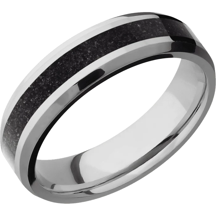 double band diamond ring -6mm wide Beveled Titanium Ring with Polish Finish / One 3mm Centered Black Dinosaur Bone Inlay