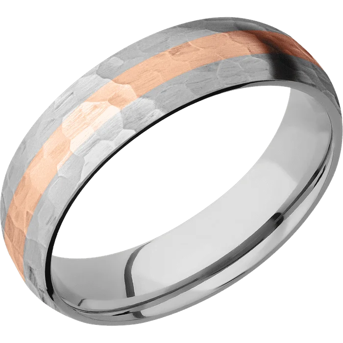 pearl accent ring -6mm wide Domed Titanium Ring with Hammer Finish / One 2mm Centered 14k Rose Gold Inlay with Hammer Finish