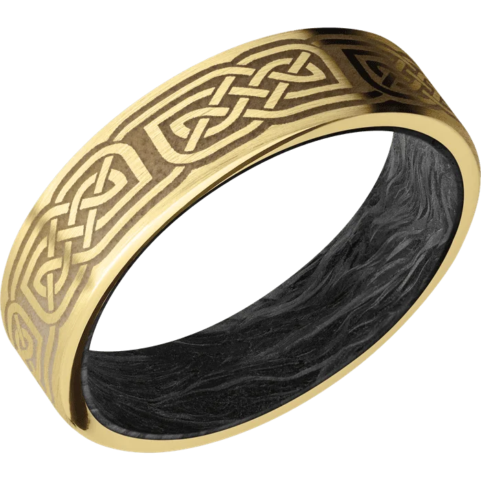 sterling silver eternity ring -6mm wide Flat 14k Yellow Gold Ring with Satin Finish / Celtic 17 Design and Coyote Tan Cerakote Accents / Forged Carbon Fiber Sleeve