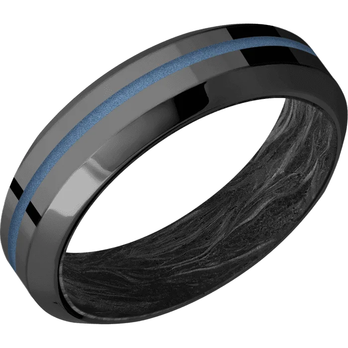 infinity symbol ring for couples -6mm wide High Bevel Black Titanium Ring with Polish Finish / One 1mm Centered Polar Blue Cerakote Inlay / Forged Carbon Fiber Sleeve