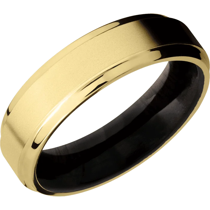 adjustable open ring for women -6mm wide Stepped Bevel 10k Yellow Gold Ring with Bead Blast Finish / Ebony Sleeve