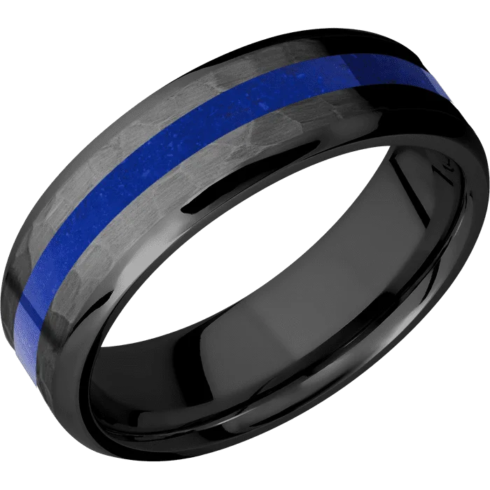 wedding band with diamonds -7mm wide Beveled Black Titanium Ring with Hammer Finish / One 2mm Centered Lapis Inlay